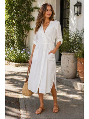 VENUS White Shirt Dress Size L Roll Tab Sleeve Midi Pockets